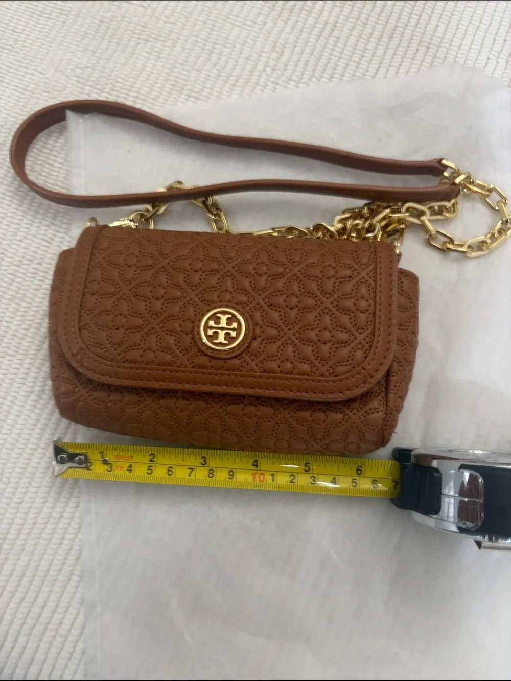 Tory Burch Brown Quilted Leather Crossbody with Gold Chain
